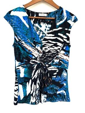 Calvin Klein Teal & Black Abstract Twist-Front Cap Sleeve Top, Stretch Knit